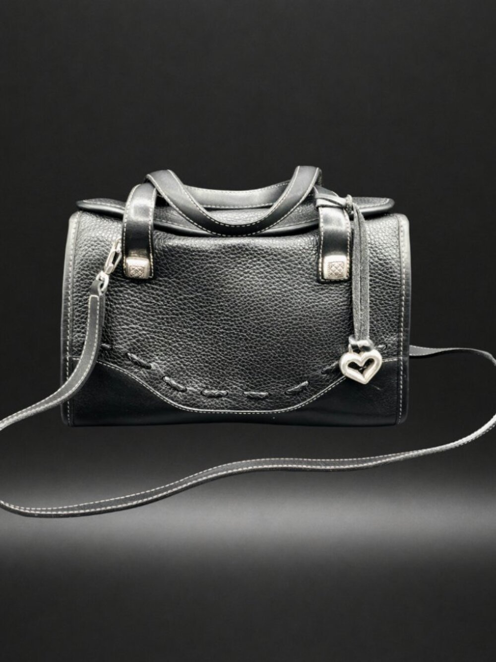 Brighton Black Leather Satchel Crossbody Heart Charm Bag w Box Dust Bag EUC